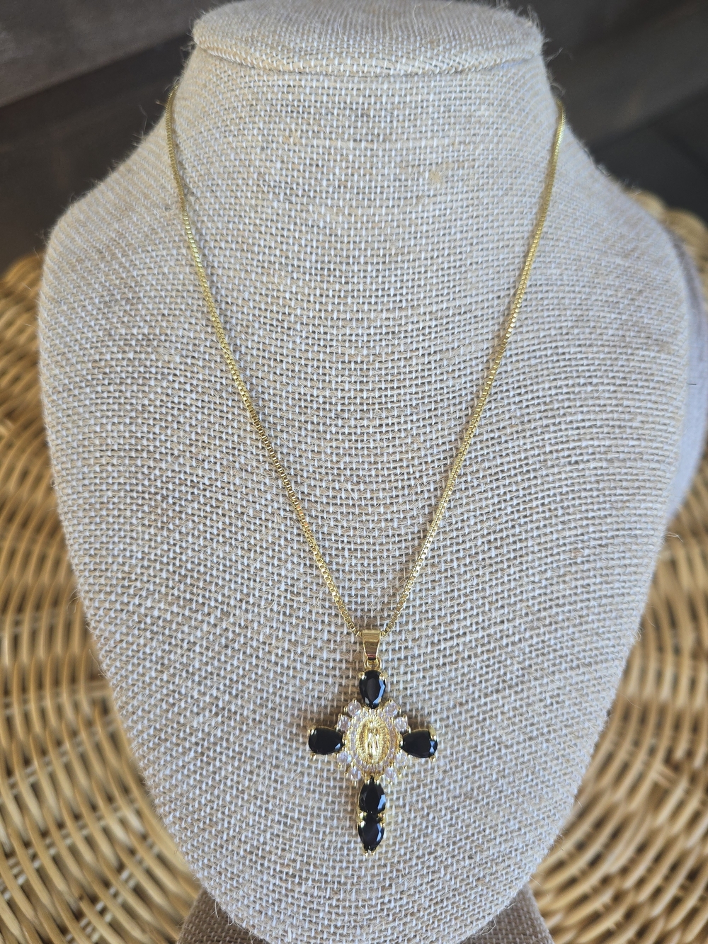 NWT 18K PVD Gold Black Cross Necklace
